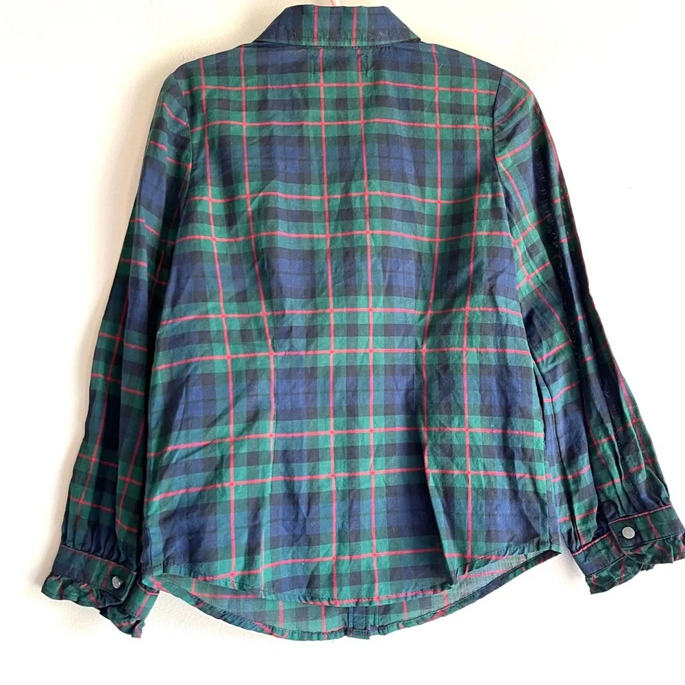 Ralph Lauren green red tartan plaid button front ruffle blouse girls 6 holiday